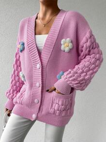 EURMUSE Áo khoác Cardigan họa tiết hoa 3D cho nữ, mặc thường ngày vào mùa thu/đông - Hồng - Xem 5