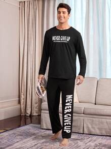 CoupledUp Letter Print Casual Pullover Short Sleeve Pants Men's Pajama Set - Black - View 6