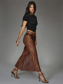 MISSGUIDED 透明蕾丝拼接鱼尾下摆长裙 - 咖啡棕 - 查看 6