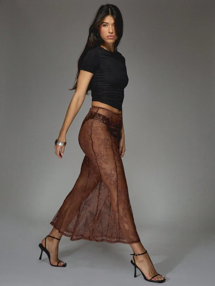 MISSGUIDED Saia Longa Sereia com Bainha em Renda Transparente