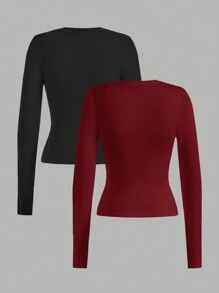 SHEIN EZwear Bộ 2 áo thun dài tay dáng ôm vừa vặn cho nữ, thích hợp cho mùa thu đông - Nhiều màu - Xem 2