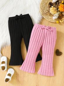 SHEIN 2 件装女婴休闲舒适日常穿着喇叭裤套装 - 彩色 - 查看 1