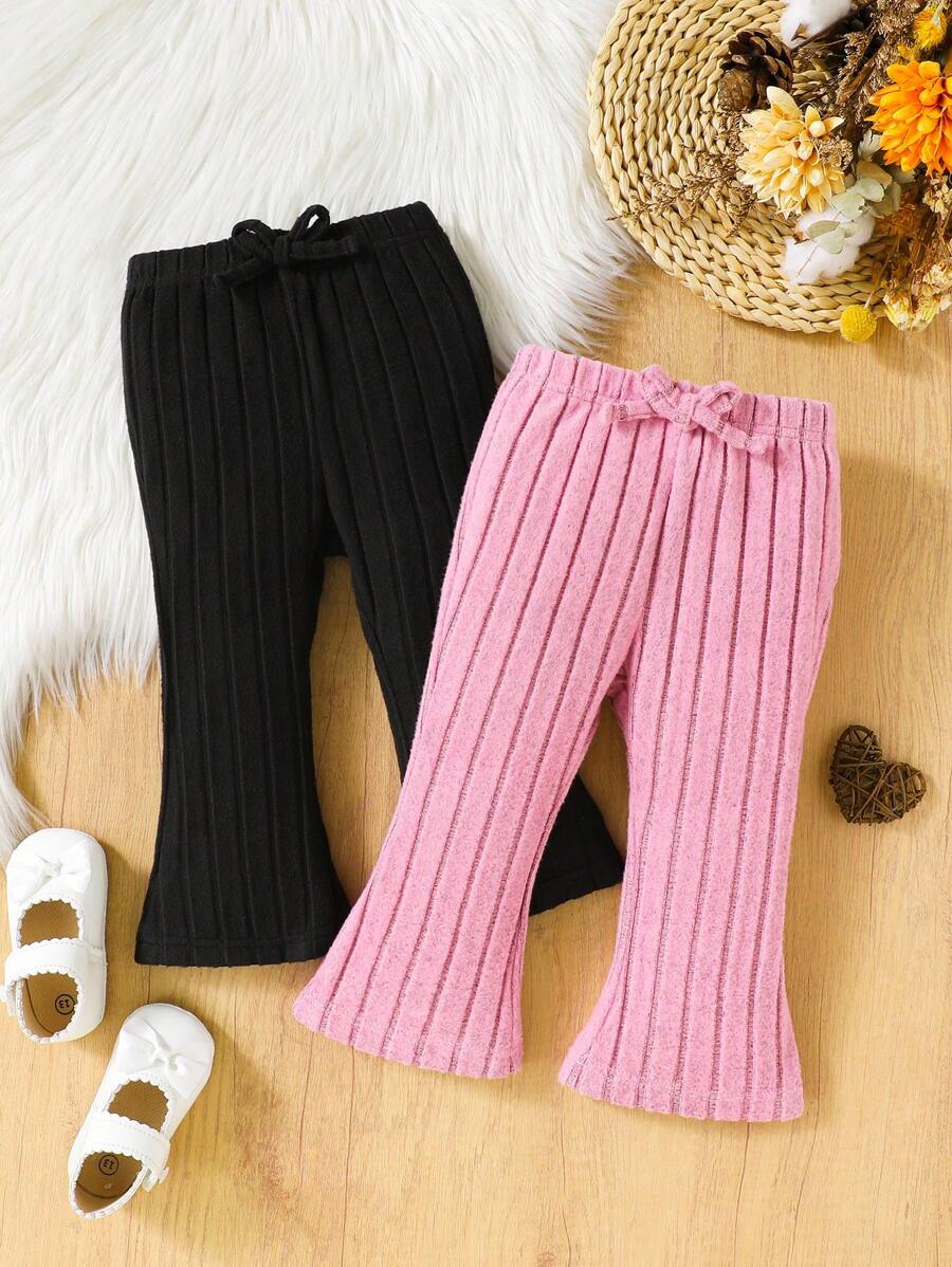 SHEIN 2 件装女婴休闲舒适日常穿着喇叭裤套装 - 彩色 - 查看 1