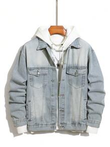 Manfinity Homme 男士秋季单排扣口袋休闲宽松牛仔夹克 - 淺色水洗藍 - 查看 1
