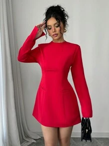 Selianne 女士高腰修身长袖A字圣诞派对连衣裙，酒红色女装 - 酒紅色 - 查看 5