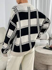 SHEIN LUNE Women Plaid Half-Button Collar Pullover Sweater, Suitable For Autumn And Winter Knit Pullover Fall - Black - View 2