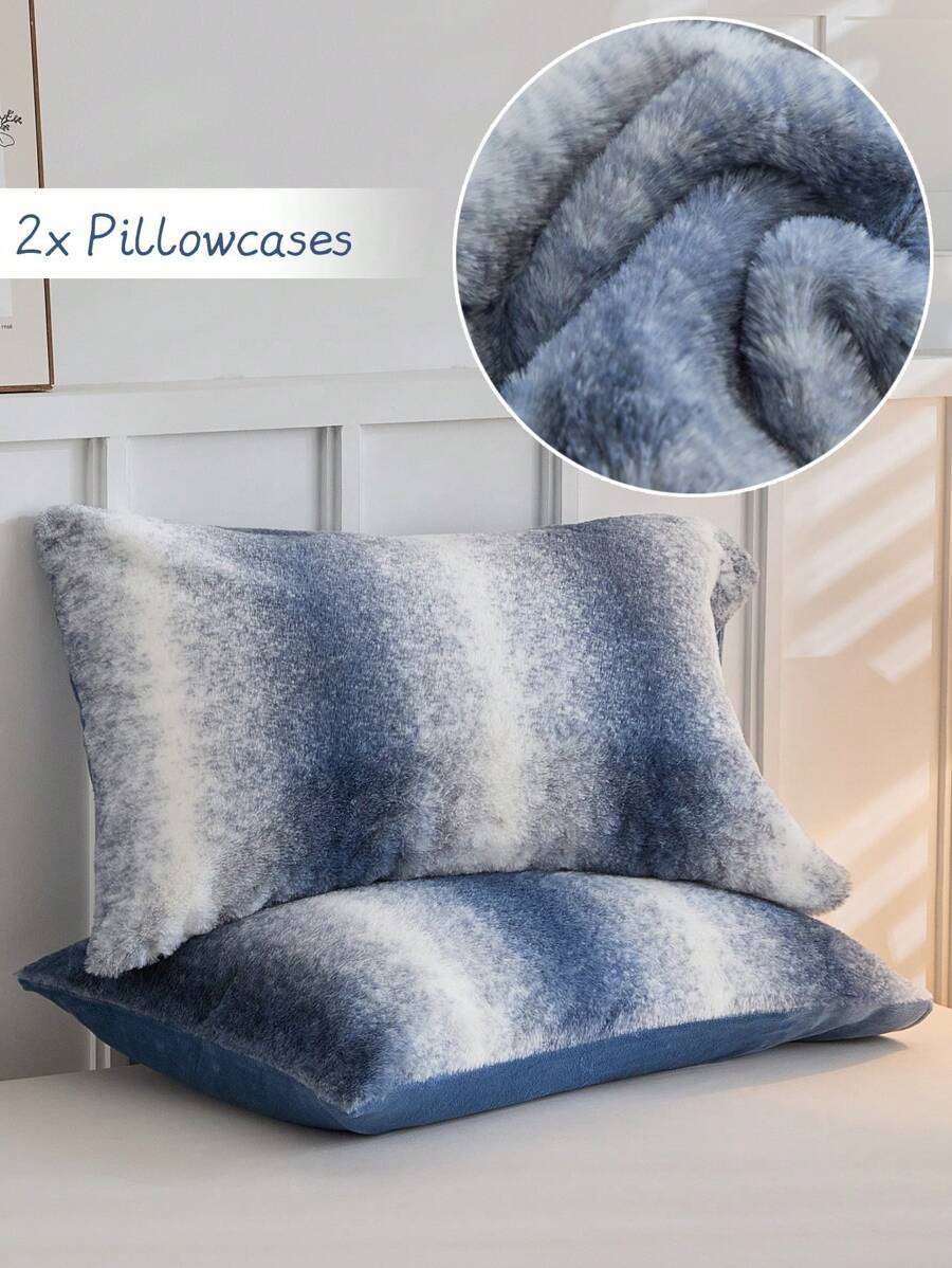2 vỏ gối lông xù sọc xanh ombre, vỏ gối polyester hiện đại tối giản - Màu xanh lam - Xem 1