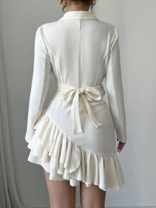 Elenzga 花卉装饰领带腰带短夹克和不对称下摆紧身裙优雅女士两件套西装 - 杏色 - 查看 2