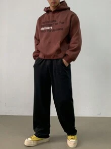 DAZY Moletom com capuz casual masculino com estampa de letras simples e bolso, manga comprida, outono/inverno - Castanho - Ver 8