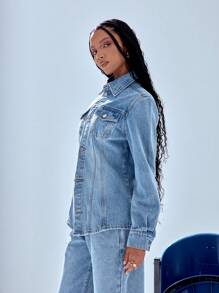 MUSERA Cinched Waist Button Up Denim Jacket - Blue - View 2