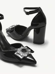 CUCCOO CHICEST Women's V-Cut Low Vamp Criss-Cross Strap Elegant Pointed Toe Buckle Belt Decor Metal PU Leather High Heel Shoes, Spring & Summer New Arrival For Christmas And New Year Holiday Vibe Fall And Winter - Black - View 3