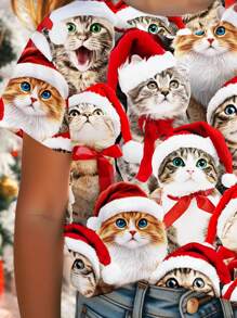 SHEIN Áo thun ngắn tay cổ tròn tối giản in hình mèo dễ thương chủ đề Giáng sinh, thích hợp cho bé gái mùa hè và Giáng sinh. - trắng - Xem 4