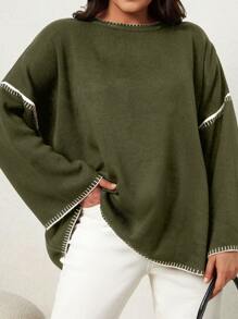 EURMUSE Plus Contrast Trim Drop Shoulder Sweater For Autumn & Winter - Army Green - View 1