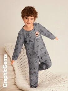 SHEIN Young Boy Bear Print Long Sleeve Pajama Set - Light Grey - View 3