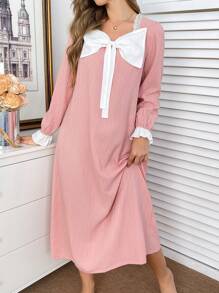 Women Cute 3D Bow Lace Long Sleep Dress, Moo Moo, Cozy And Elegant Details, Fall & Winter