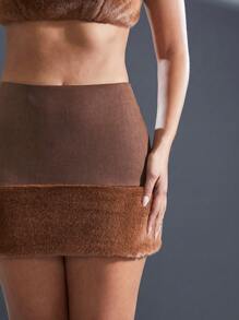 Hauture Women Plain Color Furry Patchwork Minimalist Skirt, Casual Everyday Wear