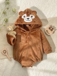 SHEIN 男婴秋冬季卡通3D小猴子图案连帽毛绒长袖连体衣 - 棕色 - 查看 1