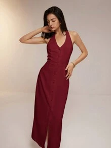 Poéselle 女士纯色单排扣长款修身优雅挂脖连衣裙 - 酒紅色 - 查看 4