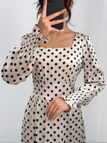 Chiquease 女士优雅长款圆点灯笼袖连衣裙超长款女装 - 杏色 - 查看 4