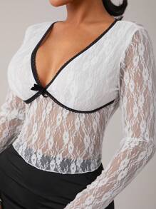 SHEIN SXY Autumn/Winter Sexy & Elegant White Lace Top, Black & White Contrast Long Sleeve T-Shirt - White - View 6