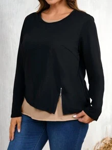 Plus Size Women's Round Neck Long Sleeve Casual Solid Color Patchwork Top - Apricot - View 4