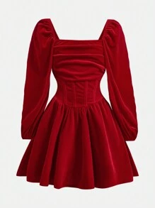 Tween Girls Fitted Casual Camisole Waist Minimalist Solid Red Velvet Long Sleeve Dress