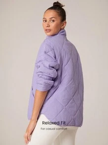 GLOWMODE Lightweight Warm Matte Quilted High Collar Relaxed Fit Curved Slits Hem Jacket With Snap Closure Side Pockets Daily Casual Winter