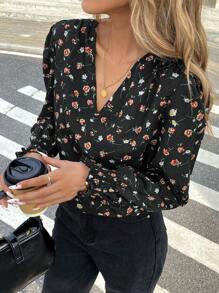 SHEIN Frenchy 女士夏季度假休闲满印花长袖衬衫、图案女衬衫、春季碎花连衣裙、长袖上衣 - 黑色 - 查看 6