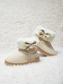Cozy Pixies 米色女婴蝴蝶结毛绒时尚保暖可爱舒适休闲运动雪地靴，适合日常锻炼和户外活动，秋冬季鞋款 - 米色 - 查看 6