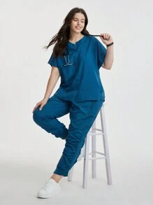 TaskEZ 大码女式护理手术服套装，纯色圆领短袖上衣和裤子 - 水鴨藍 - 查看 1