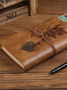 1pc Leaf Decor Notebook, Coffee Brown Retro Notebook For Office Valentine DAY, Valentines Wedding, Birthday - Multicolor - View 8