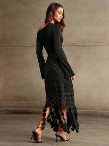 Anewsta 性感修身高腰镂空流苏长袖连衣裙超长款女装