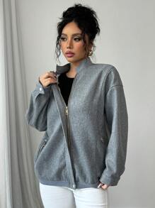 Chiquease Oversized Casual Sports Varsity Jacket - Grey - View 6