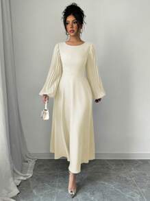 Elenzga 女士圆领收腰喇叭褶皱优雅日常连衣裙 - 杏色 - 查看 5