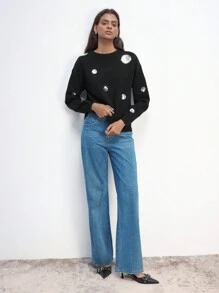 Maija Women's Sequin Embellished Fuzzy Black Knit Sweater, Shiny Glitter Decor, Casual Urban Fashion, Essential For Holidays, Warm & Soft, Round Neck Long Sleeve Pullover