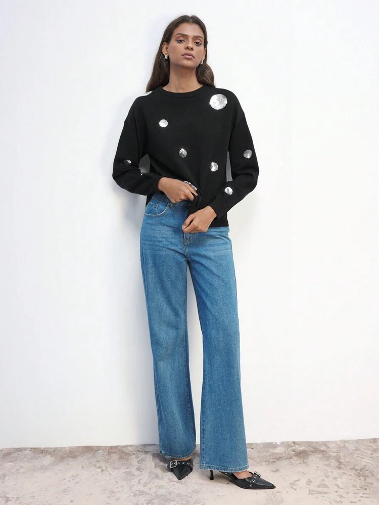 SHEIN Maija Maglione lavorato a maglia nero con decorazioni in paillettes e peluche, con dettagli glitterati, moda casual urbana, essenziale per le vacanze, caldo e morbido, girocollo, maniche lunghe, pullover