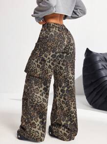 SHEIN PETITE Pantalones vaqueros de cintura baja y pierna ancha sexy para mujer, pantalones cargo de algodón con estampado de leopardo