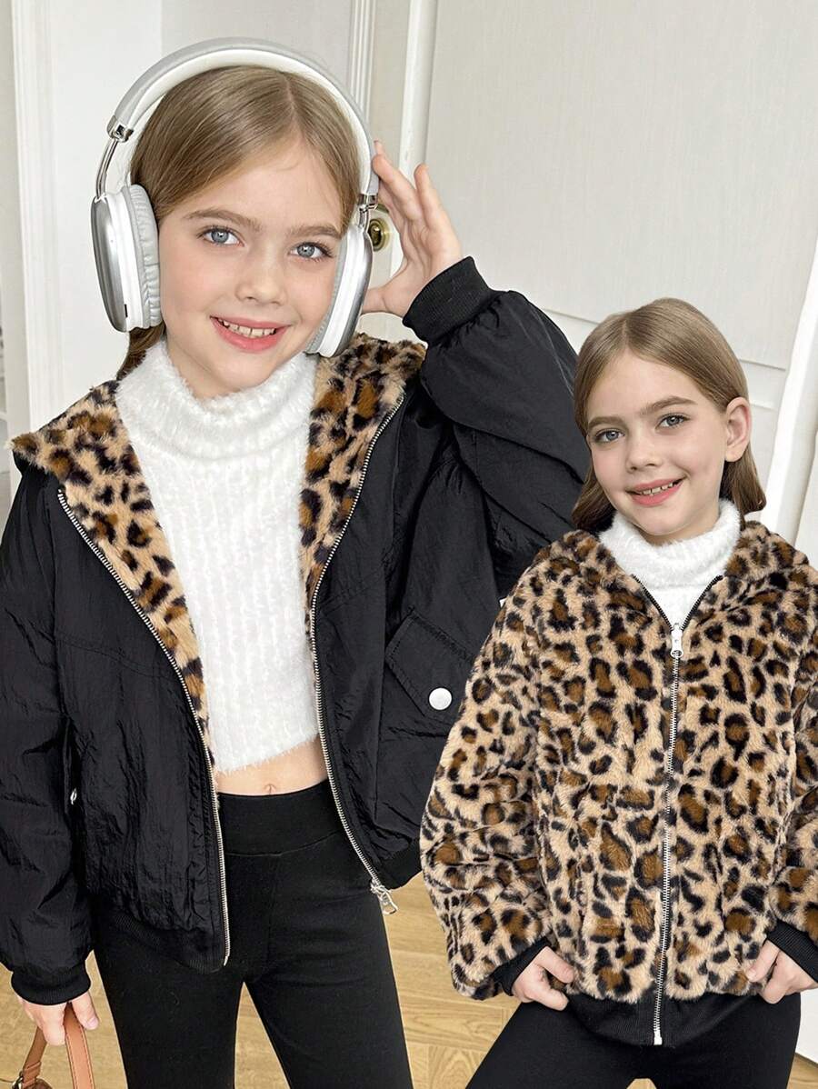 SHEIN Serisse Kids 青少年女孩温暖休闲连帽衫宽松泰迪羊毛豹纹双面可翻转动物印花蓬松冬季夹克/外套，秋冬保暖，日常穿着