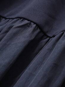 DAZY 女士纯色圆领长袖褶饰休闲秋冬连帽中长连衣裙，返校服装 - 藏蓝色 - 查看 7