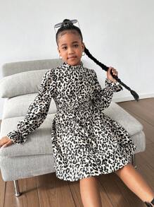 SHEIN Tween Girls Casual Woven V-Neck Long Sleeve Leopard & Ditsy Floral A-Line Dress, Suitable For Everyday Wear And Elegant Gatherings