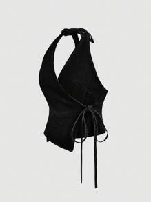 SHEIN MOD 女士简约领带后背牛仔休闲上衣，适合日常穿着 - 黑色 - 查看 5