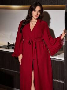 加大码纯色雪纺宽松长袍，带 3D 花卉蕾丝花边 - 酒紅色 - 查看 3