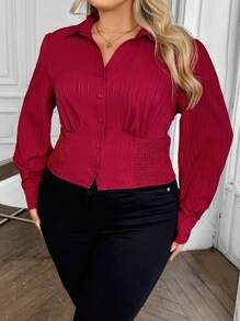 SHEIN VCAY Camisa casual de manga larga con botones, espalda fruncida, cintura ceñida y estilo vacacional western, en color caqui marrón para talla grande, ideal para ocasiones como Acción de Gracias - Caqui - Ver 3