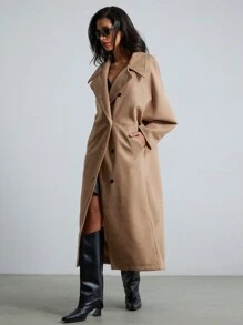 SHEIN Privé Áo khoác dài tay cánh dơi thiết kế theo phong cách Pháp rộng rãi, thoải mái hợp thời trang - Màu Khaki - Xem 2