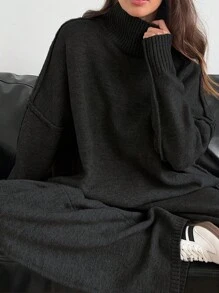 Cévolie 女士高领落肩长袖针织毛衣和针织裤两件套休闲套装，秋冬 - 黑色 - 查看 3