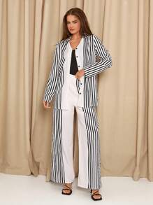 SHEIN Clasi Women Striped Long Sleeve Single Breasted Long Shirt And Wide Leg Pants Casual Loose Suit, Autumn