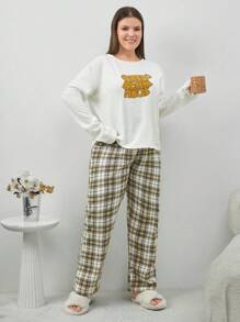 RueChic Cotton 2Pcs Plus Size Slogan Printed Top And Plaid Printed Sleep Bottom PJ Set - Apricot - View 4