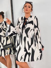 Calvaya Women Plus Size Contrast Color Print Front Tie Long Sleeve Short Dress - Black and White - View 6