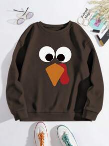 INAWLY Áo nỉ cổ tròn dài tay in họa tiết gà tây mừng lễ tạ ơn dành cho nữ, áo chui đầu thường ngày cho mùa thu/đông, áo ngày lễ - Cà phê nâu - Xem 3