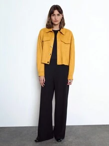 Maija 女士时尚麂皮翻领长袖口袋前排纽扣夹克外套，百搭，秋冬 - 薑色 - 查看 3